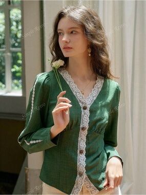 Green Lace-Trim Button Front Blouse
